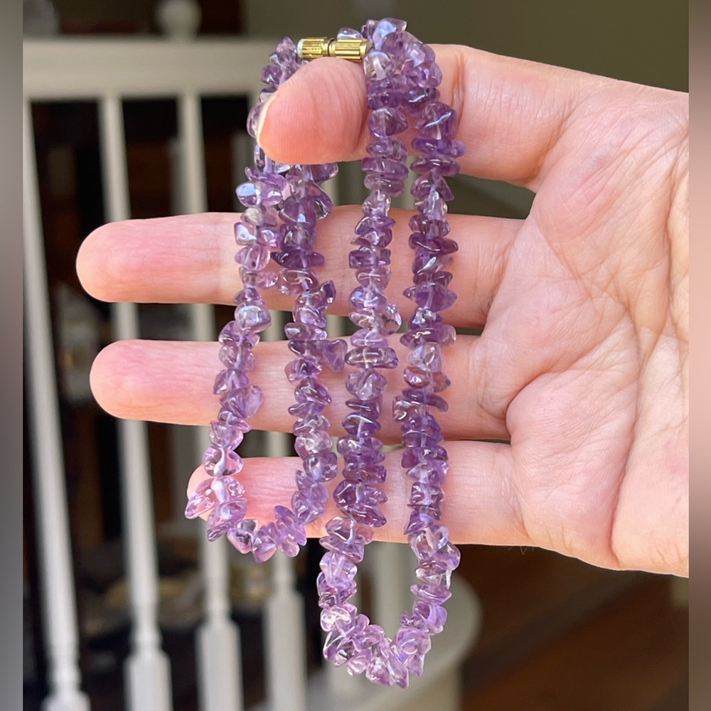 Natural amethyst tumbled bead antique gold tone necklace